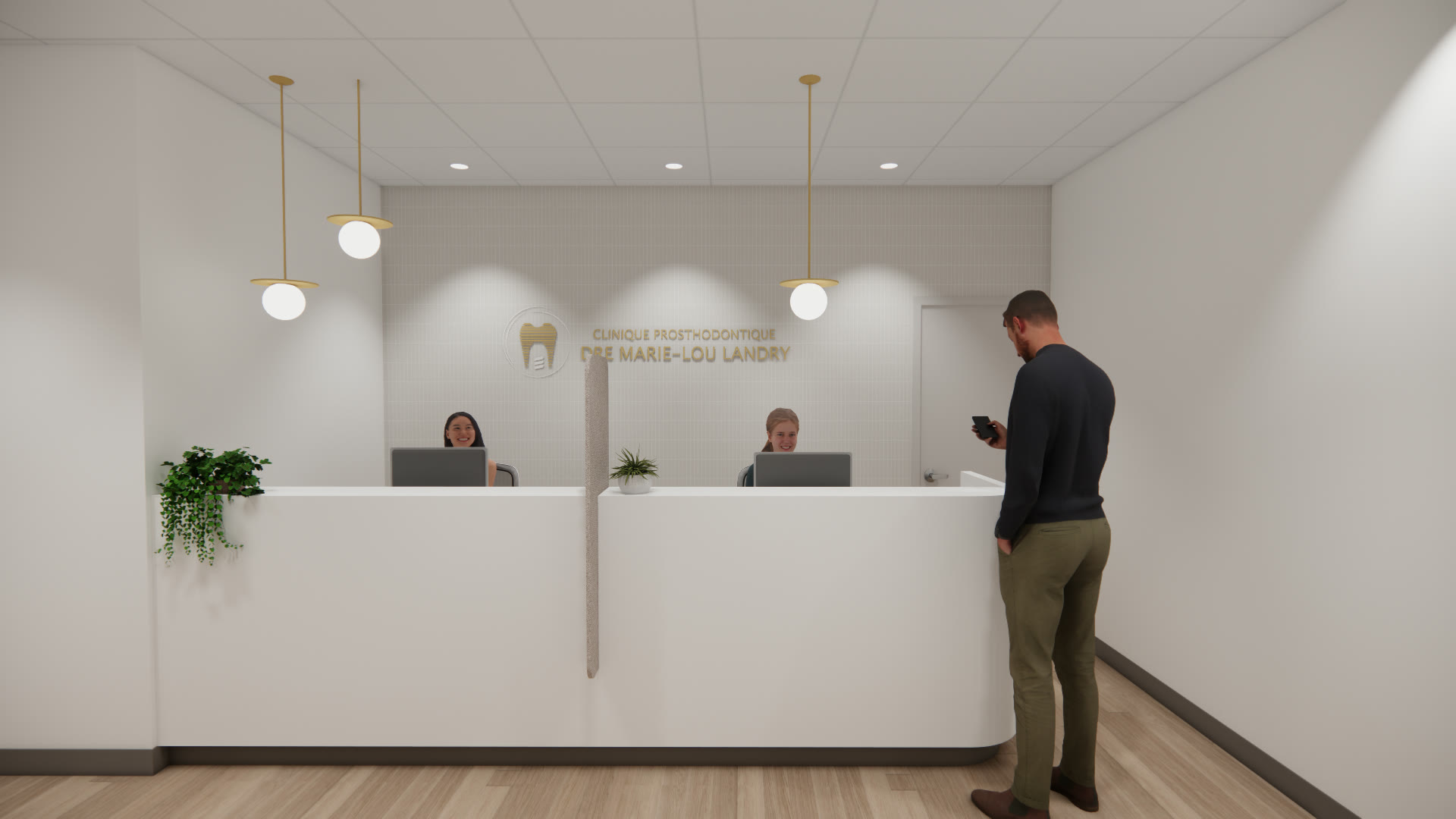 Rendu 3D du comptoir de réception de la clinique de prosthodontie à Québec